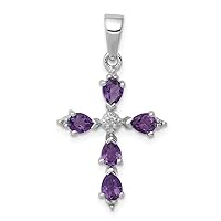 925 Sterling Silver Polished Prong set Open back Rhodium Pear Amethyst Religious Faith Cross Pendant Necklace Measures 26x15mm Wide Jewelry for Women