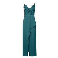 Women's Sexy Spaghetti Strap Ruched V Neck High Slit Club Party Wrap Maxi Dress Sleeveless Cocktail Evening Dresses