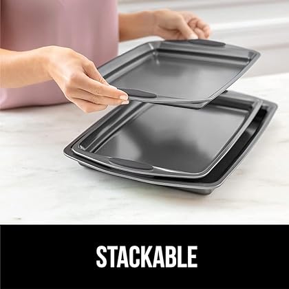 Gorilla Grip Non Stick Jelly Roll Baking Pans, Thick Warp Proof, 3 Piece, Durable Silicone Handles, Kitchen Oven Pan Bakeware Set, Cooking, Roasting Sets, Easy Clean, Set of 3, Gray