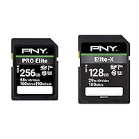 PNY 256GB PRO Elite Class 10 U3 V30 SDXC Flash Memory Card - 100MB/s, Class 10, U3, V30, 4K UHD, Full HD, UHS-I, Full Size SD & 128GB Elite-X Class 10 U3 V30 SDXC Flash Memory Card