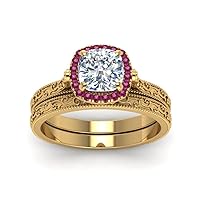 Choose Your Gemstone Hand Engraved Halo Cushion Wedding Ring Yellow Gold Plated Cushion Shape Wedding Ring Sets Matching Jewelry Wedding Jewelry Easy to Wear Gifts US Size 4 to 12
