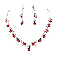 RIZILIA Teardrop Jewellery Set Necklace & Drop Dangle Earrings Pear Cut Gemstones CZ [Red Ruby] in 18K White Gold Plated, Simple Modern Elegance