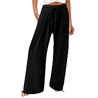 High Waist Women's 2024 Pants Casual Loose Cotton Linen Wide Fashion Leg Palazz Long Trousers Comfy with Pockets