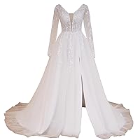 Elegant A line Wedding Dress Long Sleeve Lace Applique Bride Dress lace up with Long Train AL-VL-240118