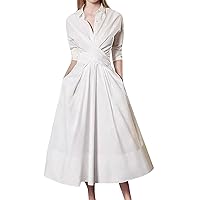 Trendy Fall Formal Midi Dresses for Women Long Sleeve Casual Button Down Sexy V Neck Elegant Smocked Flowy Dress