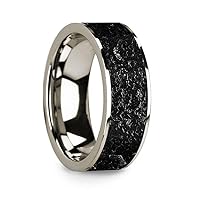 Flat Polished 14k White Gold Wedding Ring with Lava Rock Inlay - 8 mm