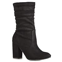 Womens Mid Calf High Heel Boots Ladies Pull On Winter Faux Suede Rouched Shoes