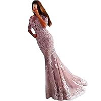 VeraQueen Women's Lace Half Sleeves Mermaid Evening Dresses Long Backless Party Prom Gowns