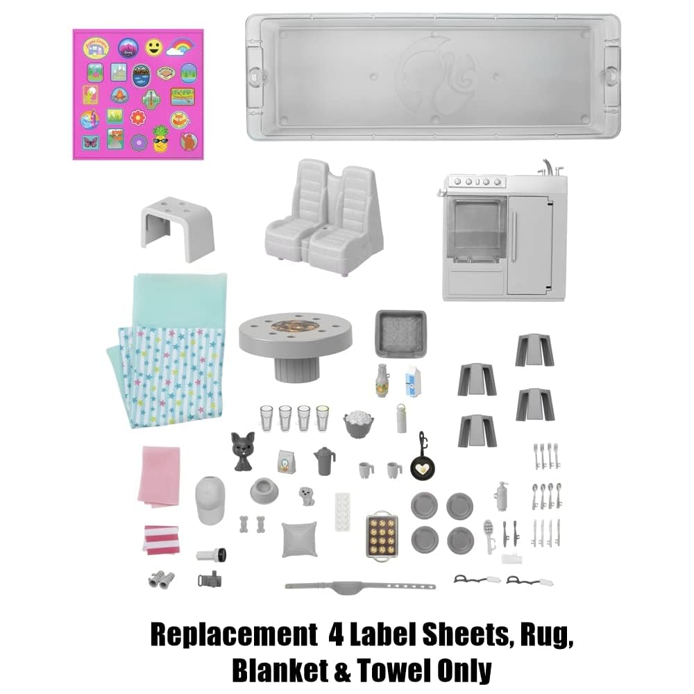 Replacement Label Sheets, Barbie Size Rug, Blanket and Towel for Barbie Doll Dream Camper Vehicle Playset - HCD46