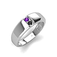 Round Amethyst & Black Diamond 0.19 ctw High Polished 2 Stone Men Wedding Band 14K Gold