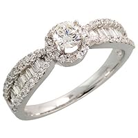 14k White Gold Fancy Solitaire Diamond Ring, w/ 0.33 Carat Brilliant Cut (Center), & 0.70 Carat (Sides) Baguette & Brilliant Cut Diamonds, 1/4