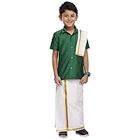 Chandrakala Kids Solid Shirt with Kasavu Mundu Dupatta Set for Boys Indian Traditional Party Wear Bollywood Style (KB101)