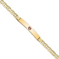 Jewels By Lux Engravable Personalized Custom 14K Yellow Gold Medical Red Enamel Anchor ID Bracelet For Men or Women Length 8 inches Width 6.5 mm With Lobster Claw Clasp