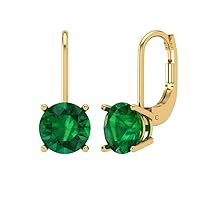 3.94cttw Round Cut Solitaire Genuine Simulated Green Emerald Unisex Pair of Lever back Drop Dangle Earrings 14k Yellow Gold