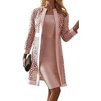Women's Lace 2 Piece Dress Suit Solid Crew Neck Long Sleeve Cardigan and High Waist Breathable Elegant Dress Set