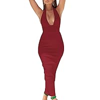 whoinshop Women's Halter Sexy V Neck Backless Bodycon Bandage Evening Wedding Party Long Dresses