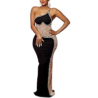 Women Sexy Hot Drilling Spaghetti Rhinestone Backless Dress Mesh See Through Bodycon Party Club Night Out Maxi Dress S