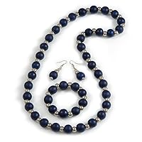 Avalaya Dark Blue Wood and Silver Acrylic Bead Necklace, Earrings, Bracelet Set - 70cm Long