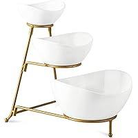 Gomakren 3 Tiered Oval Serving Bowl With Collapsible Metal Rack, Dessert Appetizer, Candy Chip Dip, Fruit, Vegetable Bowl Set, White Serving Dishes For Entertaining(Gold Stand)