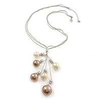 Rhodium Plated Snake Chains Necklace With Long Synthetic Pearl Tassel - 60cm Length/ 7cm Extension