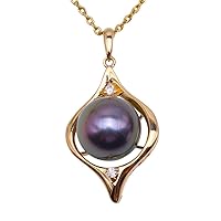 JYX Pearl Black Pearl Necklace 14K Yellow Gold 9.5mm Round Black Tahitian Pearl Pendant Necklace