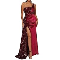 Sequin Velor High Slit One Shoulder Maxi Dresses Cocktail Party Women Evening Dress