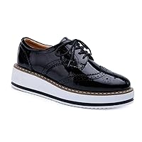 Women's Fashion Platform Oxford Shoes Wingtip Lace Up Chunky Mid Heels Vintage Dress Wedge Oxfords