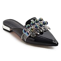 GIY Women's Flat Mules Slippers Soft Pointed Toe Flower Backless Beaded Slides Flats Slip-on Loafers