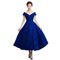 Elegant Tea Length Formal Dresses Off The Shoulder Lace Evening Dress Royal Blue US2