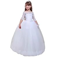 White Lace Half Sleeves First Communion Dress A Line Flower Girl Ball Gown for Girls Wedding Party