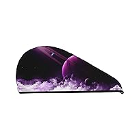 Purple Fantasy Mystic Planet Printed Hair Drying Towel Quick Dry Absorbent Coral Velvet Dry Hair Cap with Button Fixed for Drying Long Thick Hair