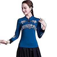 Cheongsam Women' Plus Size Autumn Cotton Blend Embroidery Color Splicing Chinese Style Qipao Shirts Woman