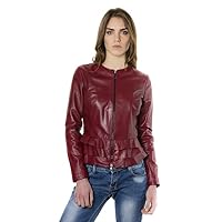 Genuine Leather Bordeaux Casual Jacket For Women With Flounces Front Zipper Long Sleeves For Party Wear