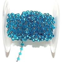 5 Feet Long gem Blue Topaz Quartz 4mm Round Shape Faceted Cut Beads Wire Wrapped Black Rhodium Plated Rosary Chain for Jewelry Making/DIY Jewelry Crafts CHIK-ROS-CH-55817