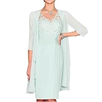 Two Piece Sheath/Column Mother of The Bride Dress Elegant V Neck Knee Length Chiffon 3/4 Length Sleeve with Embroidery