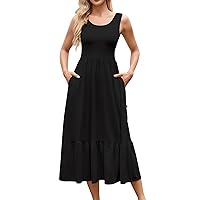 Sundress Women Long Dresses for Women 2024 Solid Color Simple Classic Casual with Sleeveless Square Neck Tunic Dress Black Medium