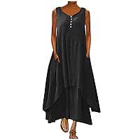 Womens Cotton Linen Button Maxi Tank Dress Flowy High-Low Layered Summer Beach Casual Loose A-Line Dresses Pockers