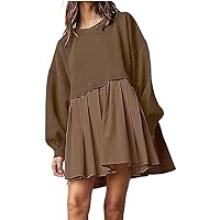 Casual Loose Mini Dress for Women Patchwork Two Piece Sweatshirt Pleated Dresses Autumn Long Sleeve Clothing