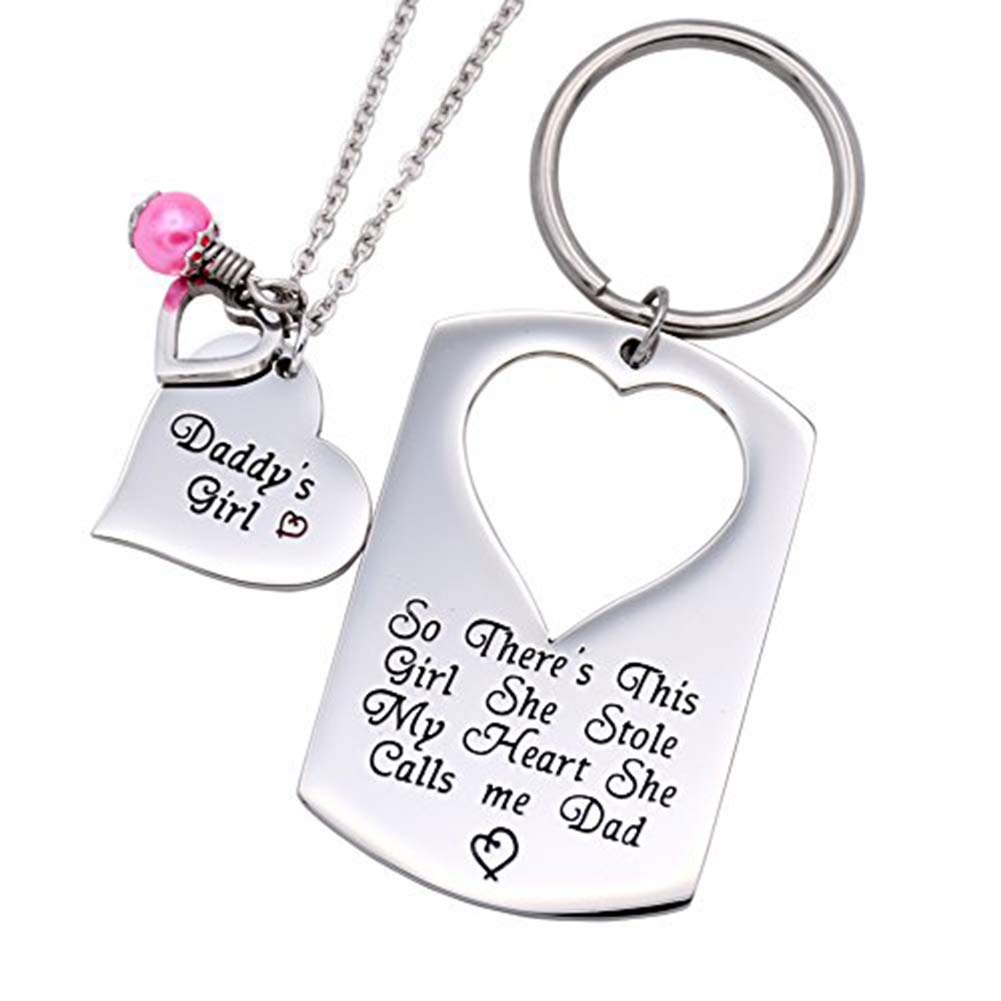 O.RIYA Gifts for Dad Necklace Jewelry, Father Daughter Keychain Jewelry, Daddys Girl Birthday Necklace Set, There's This Girl Who Stole My Heart She Calls Me Daddy