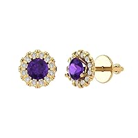 0.92cttw Round Cut Halo Solitaire Stunning Natural Amethyst Unisex Pair of Earrings Solitaire Stud Screw Back 14k Yellow Gold