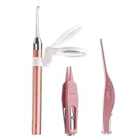 3 Pcs Ear Wax Removal Tools with LED Light - Ear Spoon Digger & Tweezers for Ear Health Care & Nose Cleaning Pick Nipper for Baby Gift Set with Case, Free 3X Magnifier(Rose Gold)