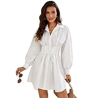 Dresses for Women Lantern Sleeve Lace Up Flare Hem Shirt Dress (Color : White, Size : X-Small)