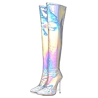 LEHOOR Women Thigh High Go Go Boots Stiletto High Heel Pointed Toe Metallic Over The Knee Boots Wide Calf Side Zipper Patent Leather Tall Dress Boot 5