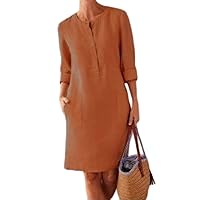 Akivide Women's Cotton Linen Shirt Dress Long Sleeve Button Up Solid Color Crewneck Casual Loose Short Dress with Pockets