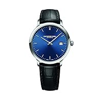RAYMOND WEIL Toccata Classic Men's Watch, Quartz, Blue Dial, White Indexes, Stainless Steel, Genuine Black Leather Strap, 39 mm (Model: 5485-STC-50001)