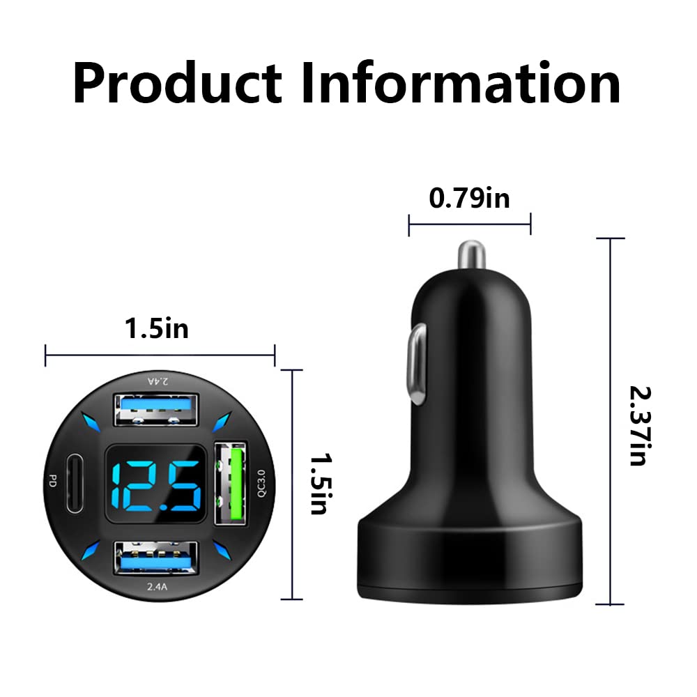 2Pcs Car Charger 66W Super Fast Charging with USB C&QC 3.0(Voltmeter&LED Lights) Universal Quick Charge for 12-24V Car Cigarette Lighter Plug,Compatible with iPhone 14 13,S22,iPad (BK351-2Pcs)