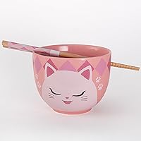 Happy Sales HSRB-PNKCAT, Japanese Ramen Udon Noodle Bowl with Chopsticks Gift Set, Smiley Cat Pink