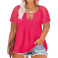 RITERA Plus Size Shirts for Women Lace Sleeve T-Shirts Keyhole Crew Neck Loose Casual Summer Tee Tops
