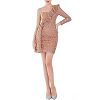 Women's One Shoulder Sequins Short Evening Dress with Sleeves
