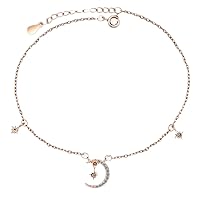925 Silver Anklets Star Moon Round CZ Anklets for Women Lady Birthday Present Jewelry
